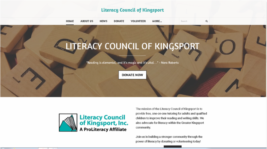 Image of website homepage for the Literacy Council of Kingsport